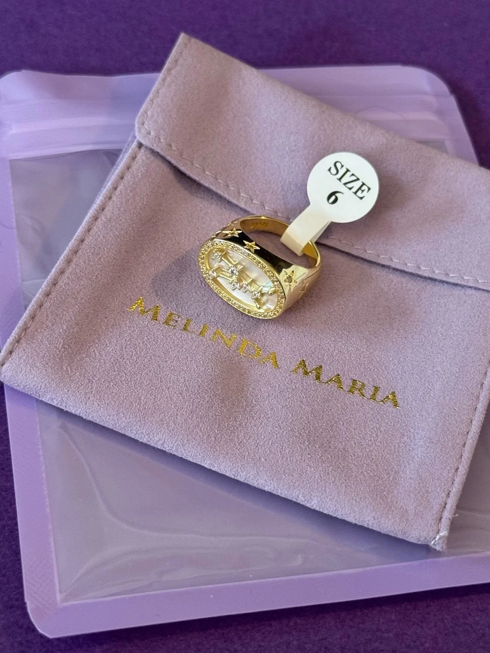 Melinda Maria Gold Zodiac Taurus Ring with Mother-of-Pearl and Crystal